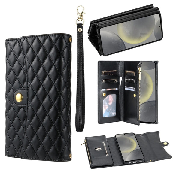 For Samsung Galaxy S24 5G Zipper Multi-Card Wallet Rhombic Leather Phone Case(Black)