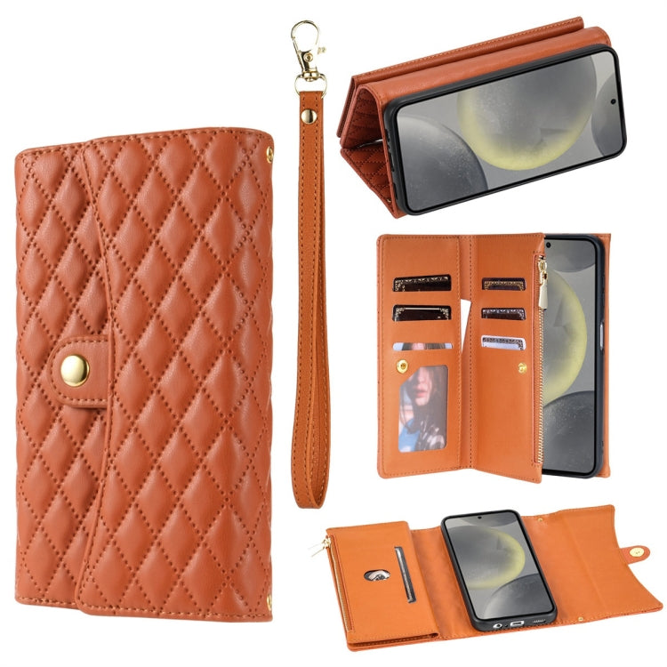 For Samsung Galaxy S24 5G Zipper Multi-Card Wallet Rhombic Leather Phone Case(Brown)