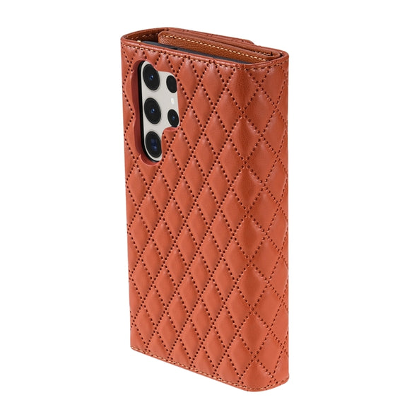 For Samsung Galaxy S23 Ultra 5G Zipper Multi-Card Wallet Rhombic Leather Phone Case(Brown)