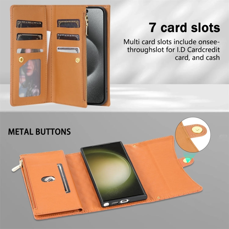 For Samsung Galaxy S23 Ultra 5G Zipper Multi-Card Wallet Rhombic Leather Phone Case(Brown)