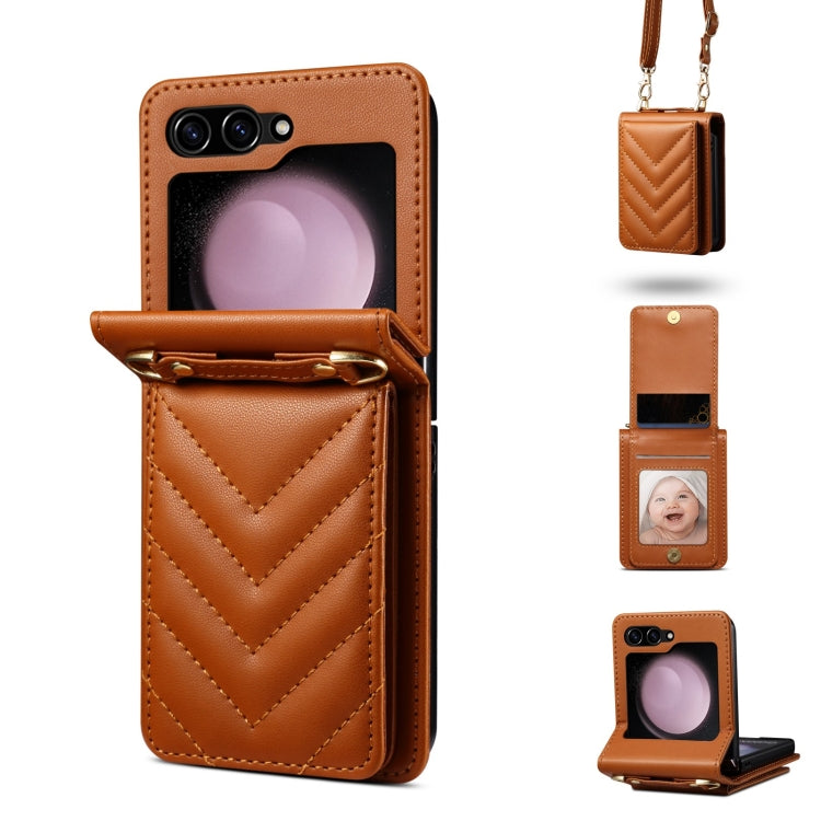 For Samsung Galaxy Z Flip5 Rhombic Folding Leather Phone Case with Long Lanyard(Brown)