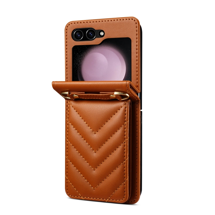 For Samsung Galaxy Z Flip5 Rhombic Folding Leather Phone Case with Long Lanyard(Brown)
