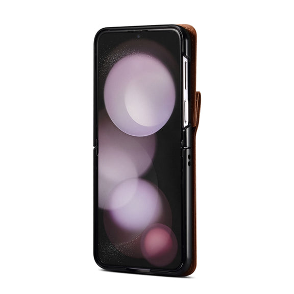For Samsung Galaxy Z Flip5 Rhombic Folding Leather Phone Case with Long Lanyard(Brown)