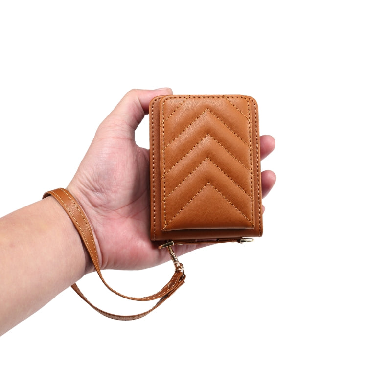 For Samsung Galaxy Z Flip5 Rhombic Folding Leather Phone Case with Long Lanyard(Brown)