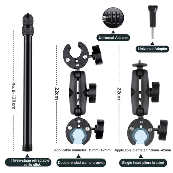 Dual-heads Crab & Single Heads Motorcycle Clamps Handlebar Fixed Mount 3-stage Telescopic Selfie Stick