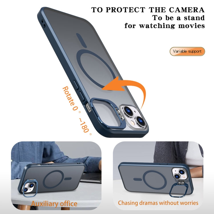 For iPhone 14 Plus Metal Invisible Camera Holder MagSafe Magnetic Phone Case(Blue)