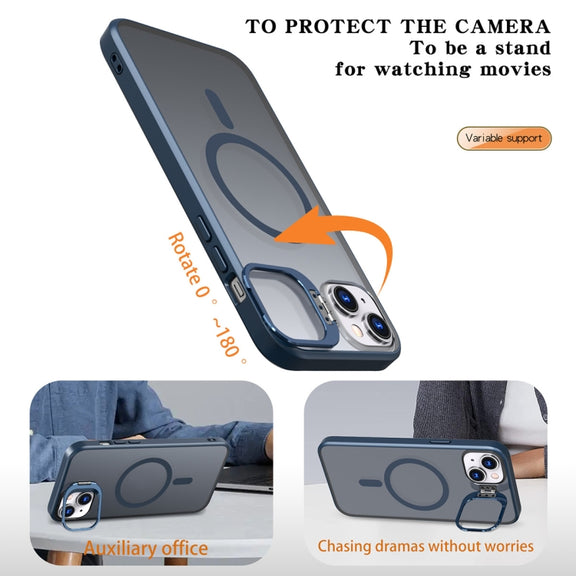 For iPhone 14 Plus Metal Invisible Camera Holder MagSafe Magnetic Phone Case(Blue)
