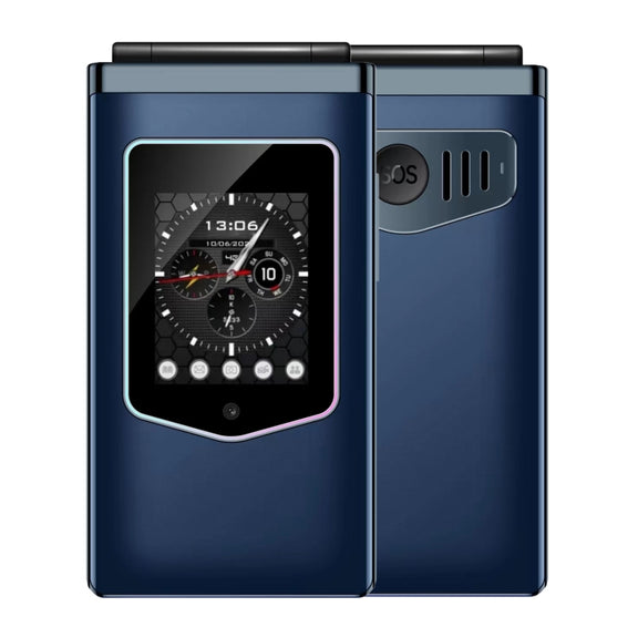 HAMTOD T8 4G Flip Phone, EU Version, 2.8 inch + 1.77 inch, VoLTE, BT, SOS, OTG(Navy Blue)