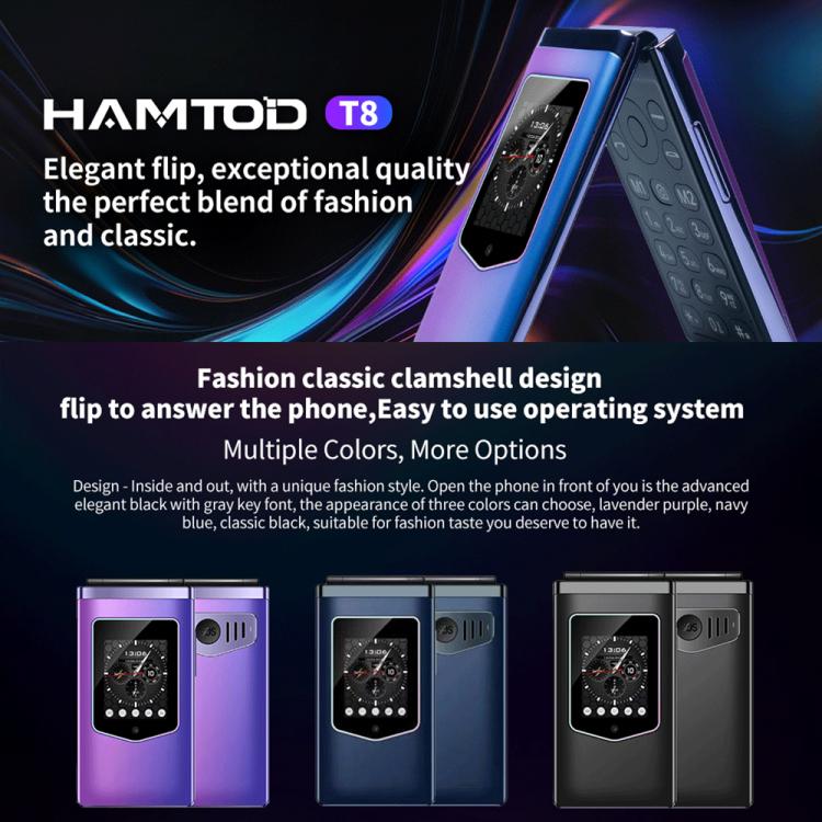 HAMTOD T8 4G Flip Phone, EU Version, 2.8 inch + 1.77 inch, VoLTE, BT, SOS, OTG(Navy Blue)