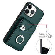 For iPhone 16 Pro Max Organ Card Bag Ring Holder Phone Case with Long Lanyard(Green)