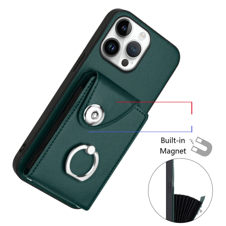 For iPhone 16 Pro Max Organ Card Bag Ring Holder Phone Case with Long Lanyard(Green)