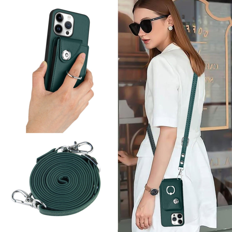 For iPhone 16 Pro Max Organ Card Bag Ring Holder Phone Case with Long Lanyard(Green)