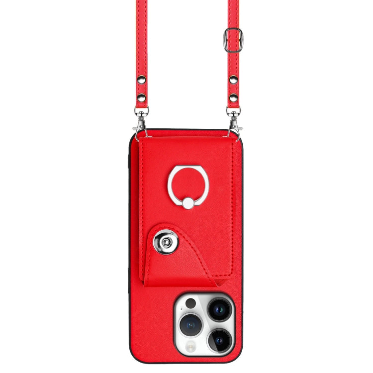 For iPhone 16 Pro Organ Card Bag Ring Holder Phone Case with Long Lanyard(Red)