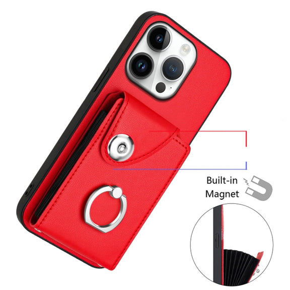 For iPhone 16 Pro Organ Card Bag Ring Holder Phone Case with Long Lanyard(Red)