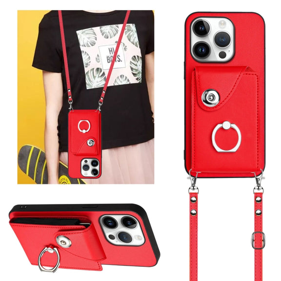 For iPhone 16 Pro Organ Card Bag Ring Holder Phone Case with Long Lanyard(Red)