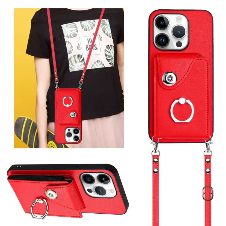 For iPhone 16 Pro Organ Card Bag Ring Holder Phone Case with Long Lanyard(Red)