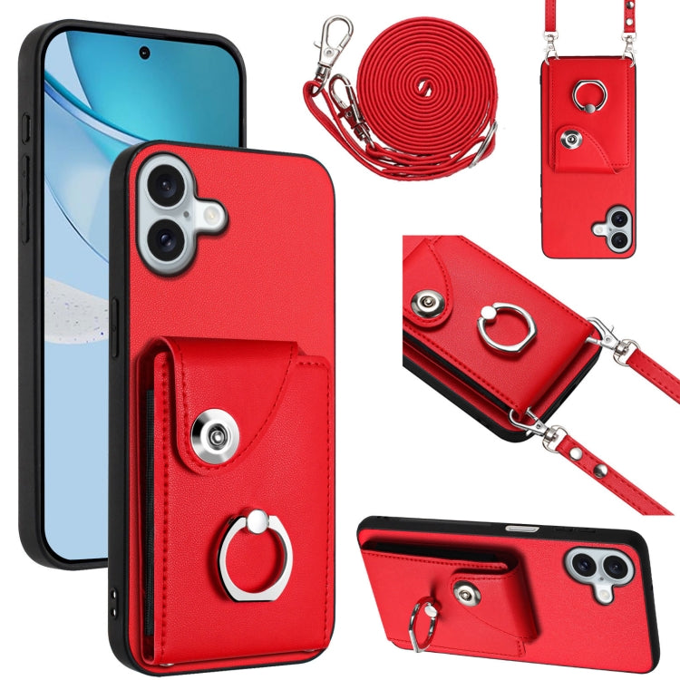 For iPhone 16 Plus Organ Card Bag Ring Holder Phone Case with Long Lanyard(Red)