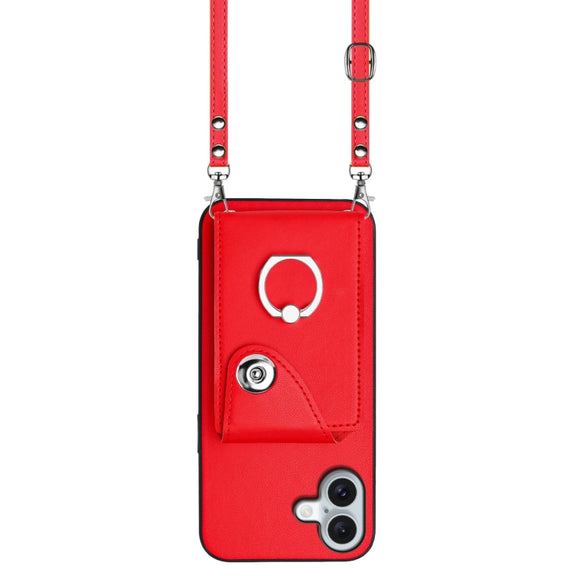 For iPhone 16 Plus Organ Card Bag Ring Holder Phone Case with Long Lanyard(Red)