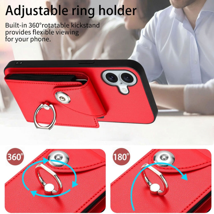 For iPhone 16 Plus Organ Card Bag Ring Holder Phone Case with Long Lanyard(Red)