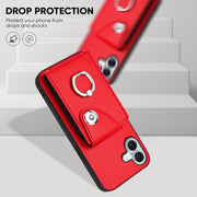 For iPhone 16 Plus Organ Card Bag Ring Holder Phone Case with Long Lanyard(Red)