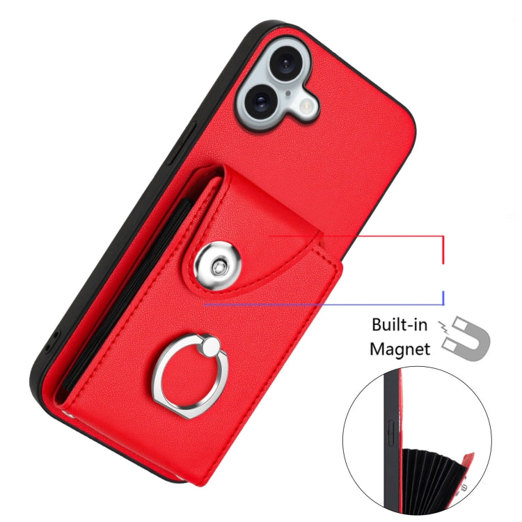 For iPhone 16 Plus Organ Card Bag Ring Holder Phone Case with Long Lanyard(Red)