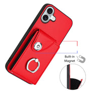 For iPhone 16 Plus Organ Card Bag Ring Holder Phone Case with Long Lanyard(Red)