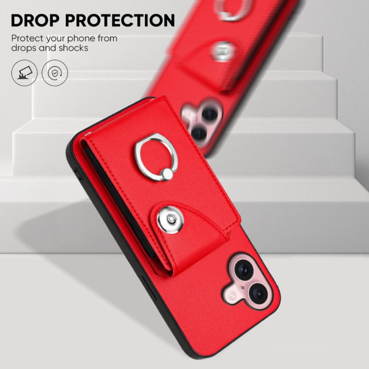 For iPhone 16 Organ Card Bag Ring Holder Phone Case with Long Lanyard(Red)