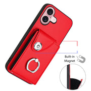 For iPhone 16 Organ Card Bag Ring Holder Phone Case with Long Lanyard(Red)