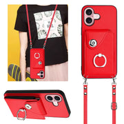 For iPhone 16 Organ Card Bag Ring Holder Phone Case with Long Lanyard(Red)
