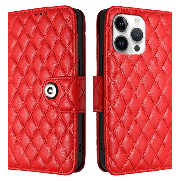 For iPhone 16 Pro Max Rhombic Texture Flip Leather Phone Case with Lanyard(Red)