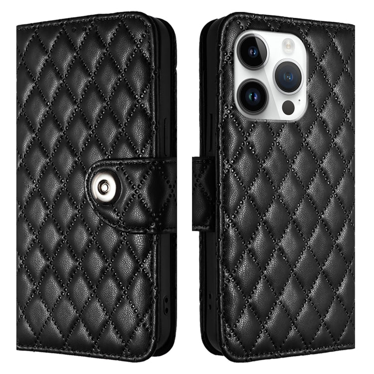 For iPhone 16 Pro Rhombic Texture Flip Leather Phone Case with Lanyard(Black)