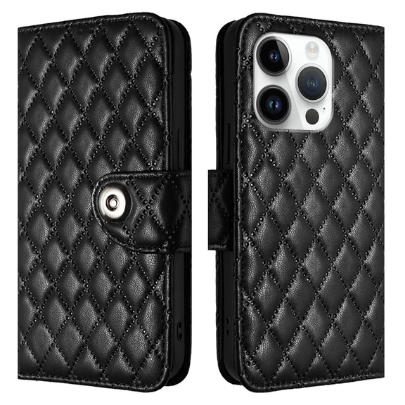 For iPhone 16 Pro Rhombic Texture Flip Leather Phone Case with Lanyard(Black)