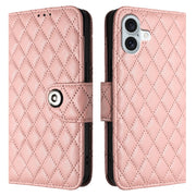 For iPhone 16 Plus Rhombic Texture Flip Leather Phone Case with Lanyard(Coral Pink)