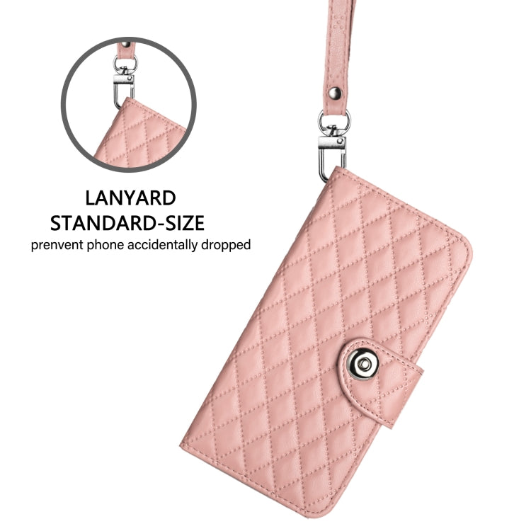 For iPhone 16 Plus Rhombic Texture Flip Leather Phone Case with Lanyard(Coral Pink)