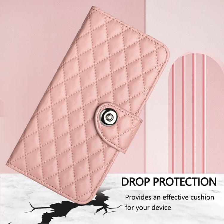 For iPhone 16 Plus Rhombic Texture Flip Leather Phone Case with Lanyard(Coral Pink)