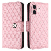 For iPhone 16 Rhombic Texture Flip Leather Phone Case with Lanyard(Pink)