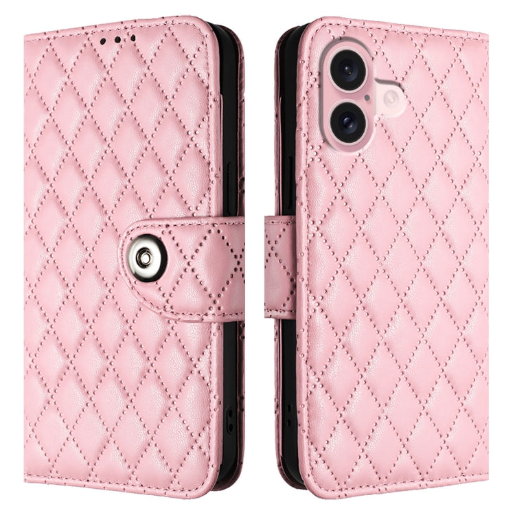 For iPhone 16 Rhombic Texture Flip Leather Phone Case with Lanyard(Pink)