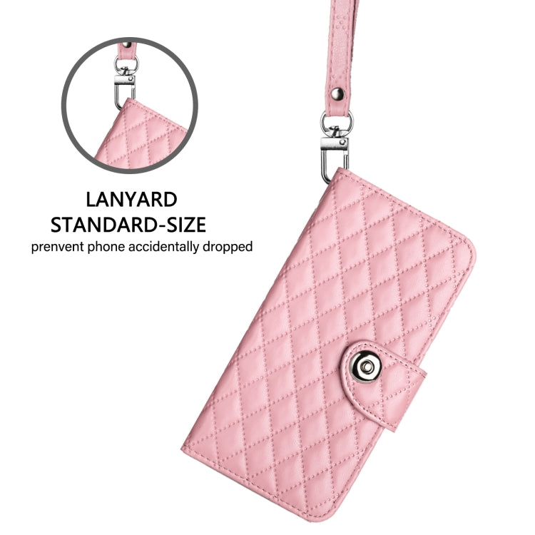 For iPhone 16 Rhombic Texture Flip Leather Phone Case with Lanyard(Pink)