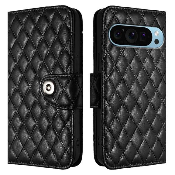 For Google Pixel 9 / Pixel 9 Pro Rhombic Texture Flip Leather Phone Case with Lanyard(Black)