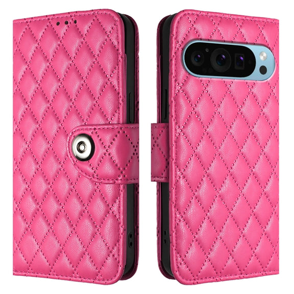 For Google Pixel 9 / Pixel 9 Pro Rhombic Texture Flip Leather Phone Case with Lanyard(Rose Red)