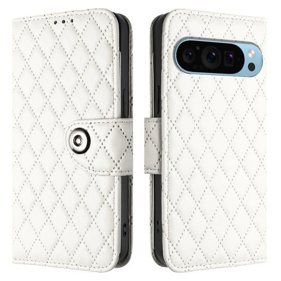 For Google Pixel 9 / Pixel 9 Pro Rhombic Texture Flip Leather Phone Case with Lanyard(White)