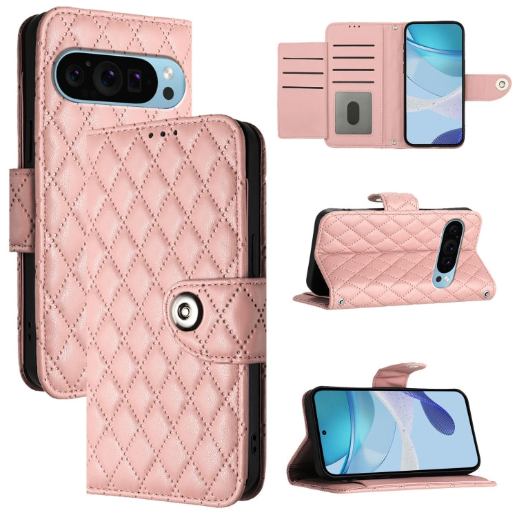 For Google Pixel 9 / Pixel 9 Pro Rhombic Texture Flip Leather Phone Case with Lanyard(Coral Pink)