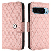 For Google Pixel 9 / Pixel 9 Pro Rhombic Texture Flip Leather Phone Case with Lanyard(Coral Pink)