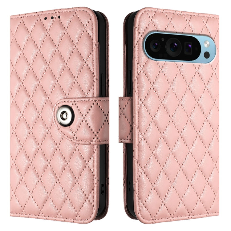 For Google Pixel 9 / Pixel 9 Pro Rhombic Texture Flip Leather Phone Case with Lanyard(Coral Pink)