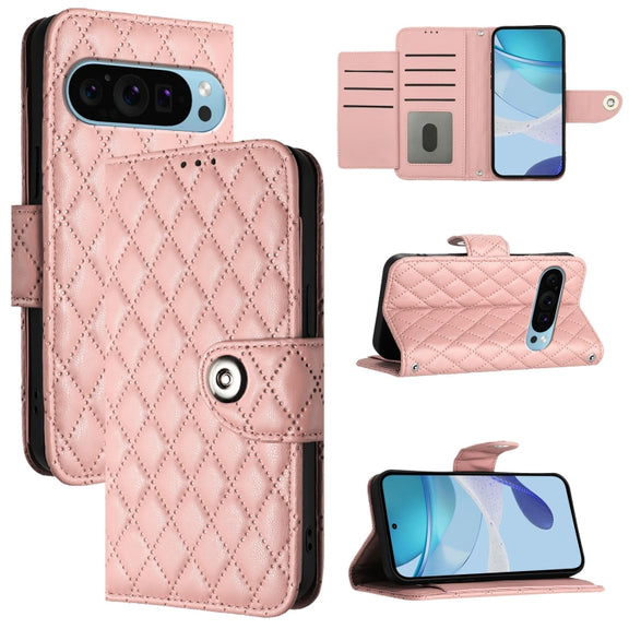 For Google Pixel 9 / Pixel 9 Pro Rhombic Texture Flip Leather Phone Case with Lanyard(Coral Pink)
