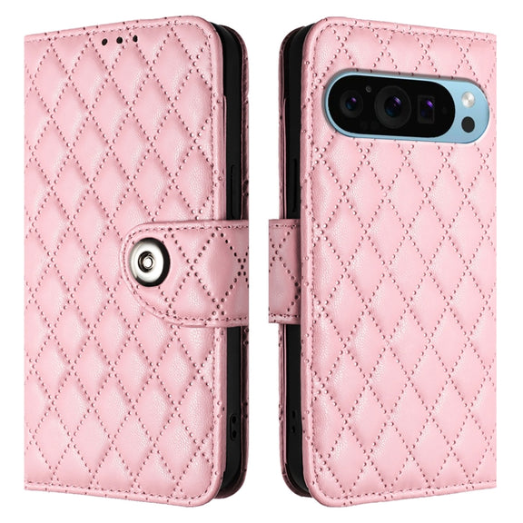 For Google Pixel 9 / Pixel 9 Pro Rhombic Texture Flip Leather Phone Case with Lanyard(Pink)