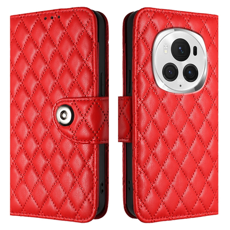 For Honor Magic6 Pro Rhombic Texture Flip Leather Phone Case with Lanyard(Red)