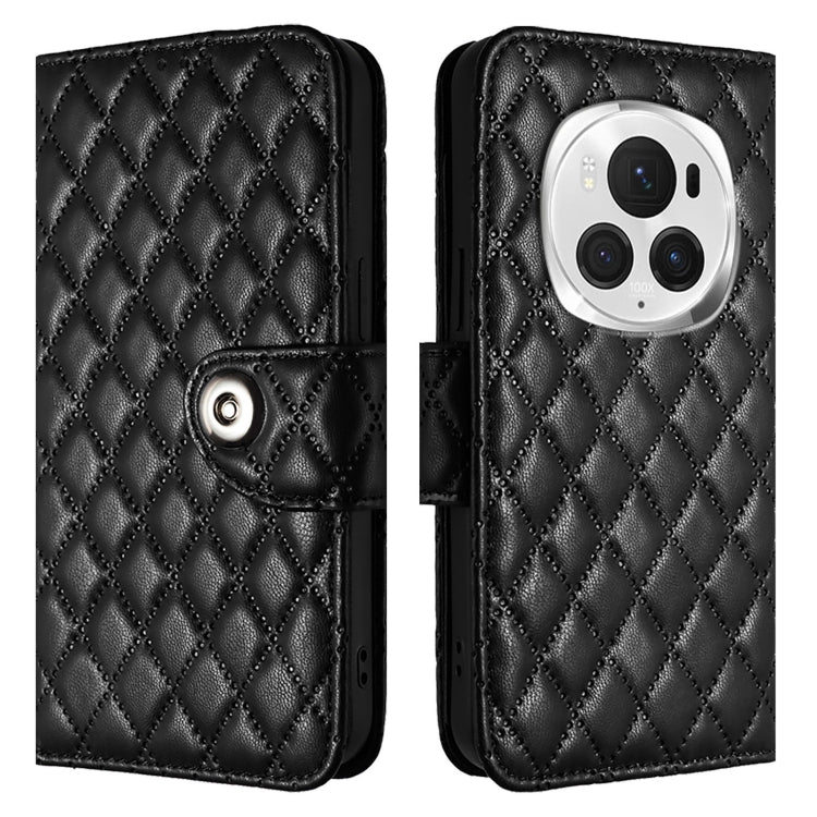 For Honor Magic6 Pro Rhombic Texture Flip Leather Phone Case with Lanyard(Black)