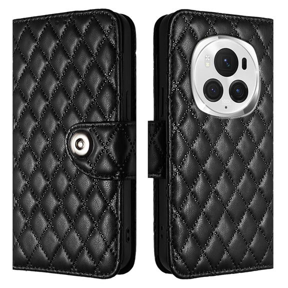 For Honor Magic6 Pro Rhombic Texture Flip Leather Phone Case with Lanyard(Black)