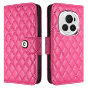 For Honor Magic6 Pro Rhombic Texture Flip Leather Phone Case with Lanyard(Rose Red)